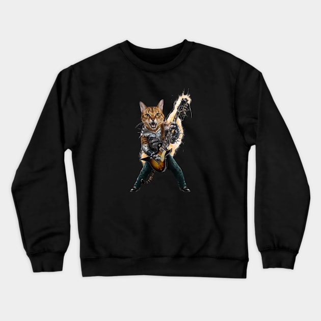 Cat Rock Bengal Funny Electric Guitar Punk Rocker Gift For Cat Mum Mom Dad Heavy Metal Kitten Cats Lover Crewneck Sweatshirt by DeanWardDesigns